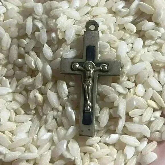 Antique French pectoral cross silver tone inlaid with wood over 100 years old - Picture 7 of 10